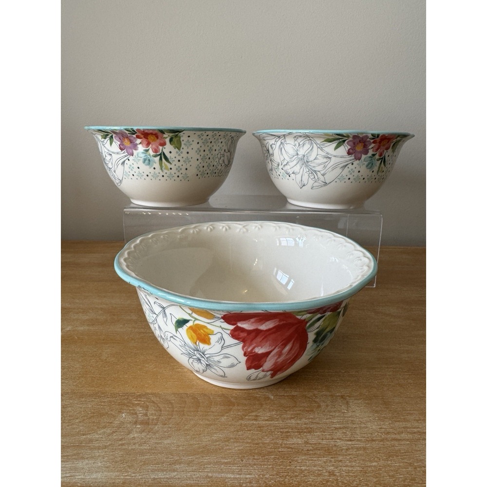 Set of 3 Pioneer Woman Blooming Bouquet Cereal/Soup Ceramic Bowls 6.5" Floral
